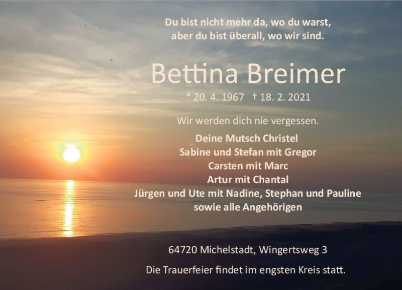  Traueranzeige für Bettina Breimer vom 24.02.2021 aus vrm-trauer