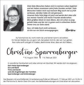 Traueranzeige von Christine Sparrenberger von vrm-trauer