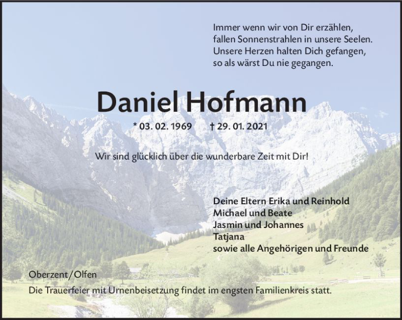  Traueranzeige für Daniel Hofmann vom 06.02.2021 aus vrm-trauer