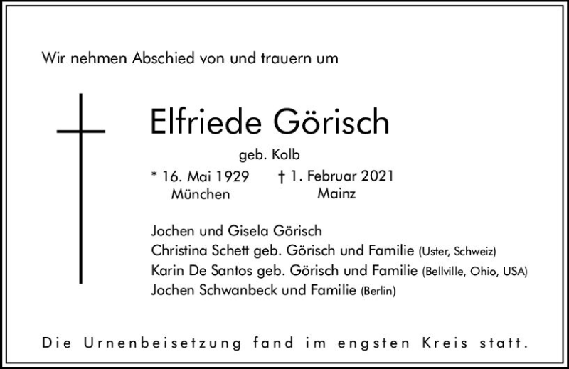  Traueranzeige für Elfriede Görisch vom 17.02.2021 aus vrm-trauer
