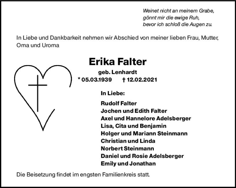  Traueranzeige für Erika Falter vom 17.02.2021 aus vrm-trauer