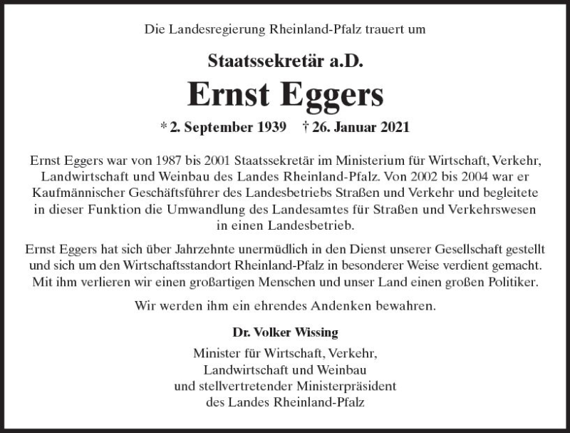  Traueranzeige für Ernst Eggers vom 27.02.2021 aus vrm-trauer