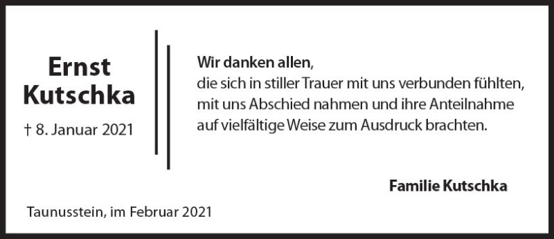  Traueranzeige für Ernst Kutschka vom 06.02.2021 aus vrm-trauer