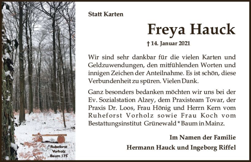  Traueranzeige für Freya Hauck vom 13.02.2021 aus vrm-trauer