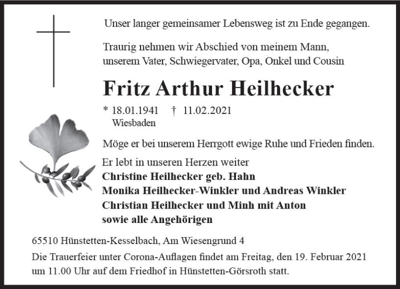  Traueranzeige für Fritz Arthur Heilhecker vom 17.02.2021 aus vrm-trauer