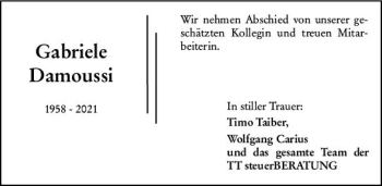 Traueranzeige von Gabriele Damoussi von vrm-trauer