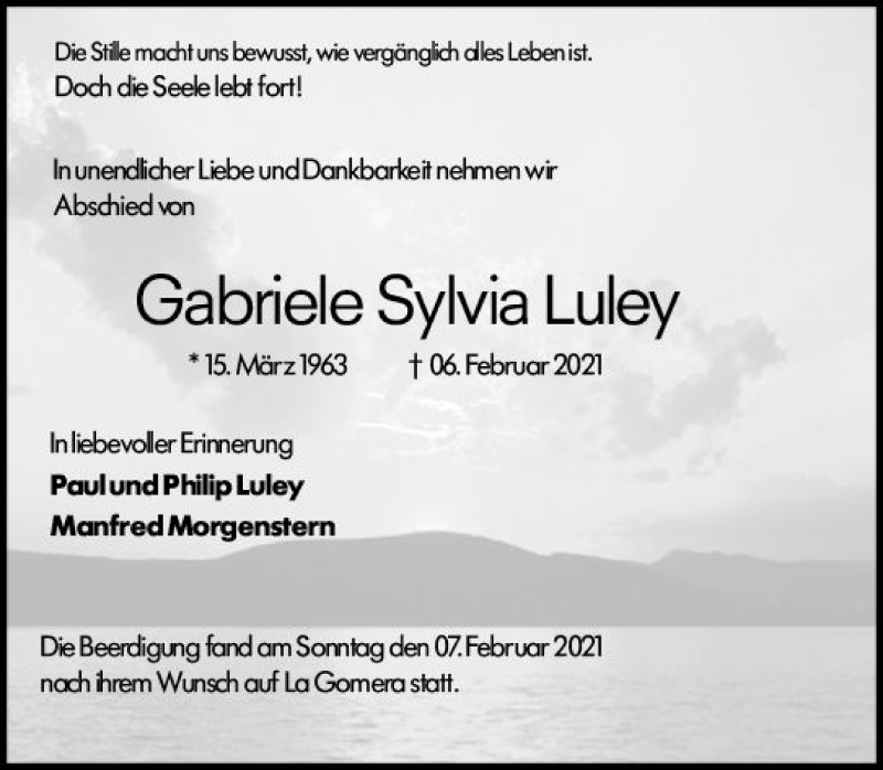  Traueranzeige für Gabriele Sylvia Luley vom 09.02.2021 aus vrm-trauer