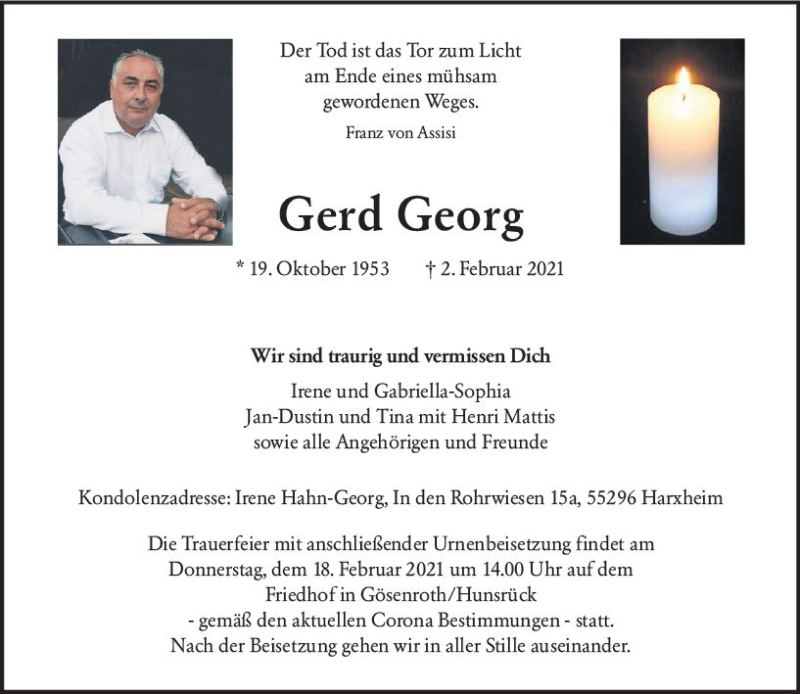  Traueranzeige für Gerd Georg vom 06.02.2021 aus vrm-trauer