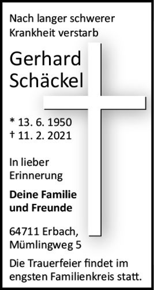  Traueranzeige für Gerhard Schäckel vom 20.02.2021 aus vrm-trauer
