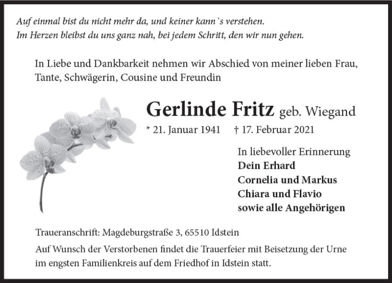  Traueranzeige für Gerlinde Fritz vom 27.02.2021 aus vrm-trauer