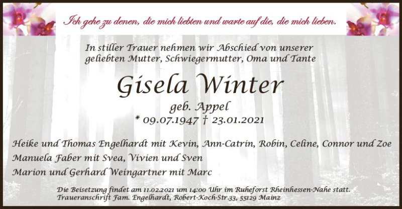  Traueranzeige für Gisela Winter vom 05.02.2021 aus vrm-trauer