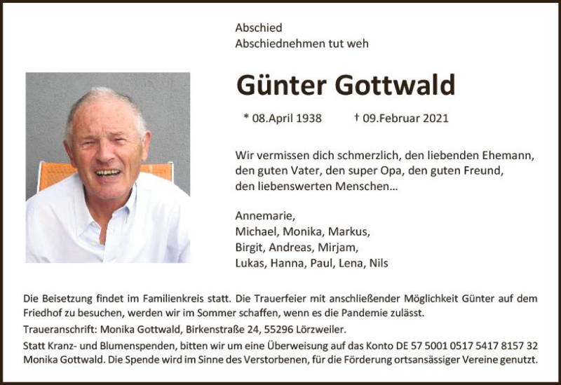  Traueranzeige für Günter Gottwald vom 13.02.2021 aus vrm-trauer