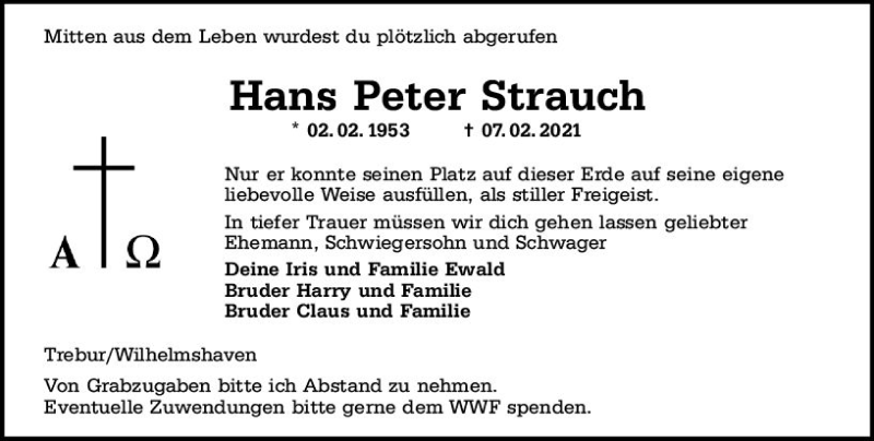  Traueranzeige für Hans Peter Strauch vom 12.02.2021 aus vrm-trauer