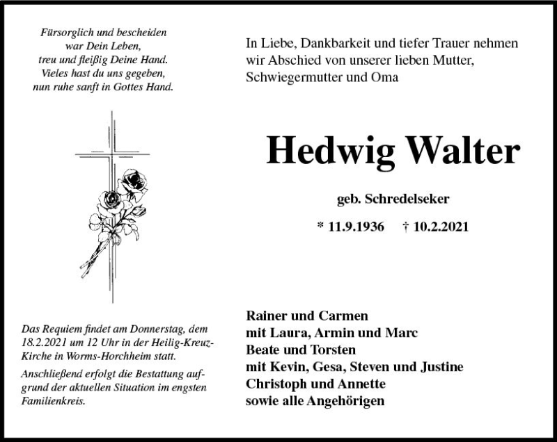  Traueranzeige für Hedwig Walter vom 15.02.2021 aus vrm-trauer