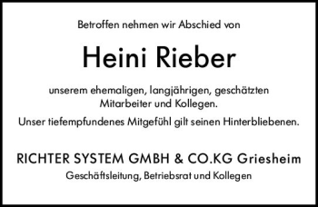 Traueranzeige von Heini Rieber von vrm-trauer