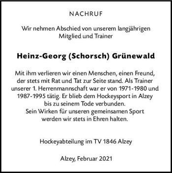 Traueranzeige von Heinz-Georg Grünewald von vrm-trauer