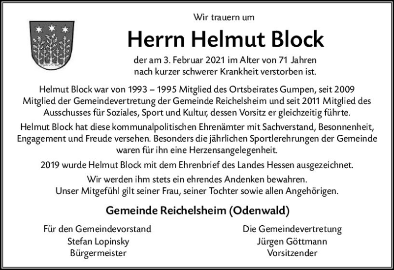  Traueranzeige für Helmut Block vom 06.02.2021 aus vrm-trauer