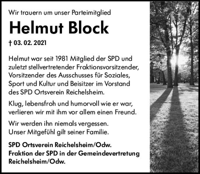  Traueranzeige für Helmut Block vom 09.02.2021 aus vrm-trauer