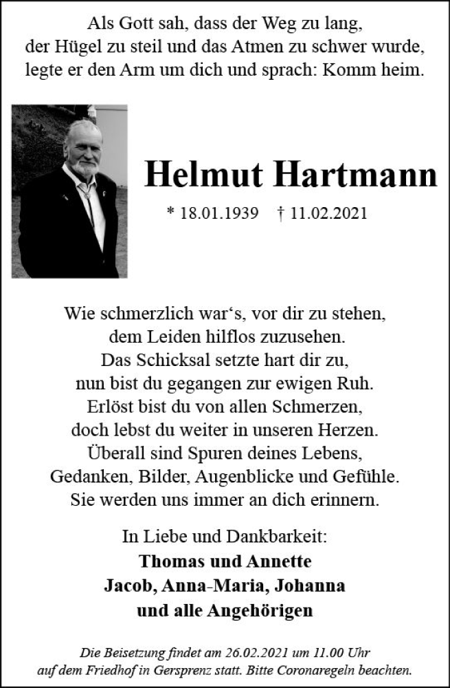  Traueranzeige für Helmut Hartmann vom 19.02.2021 aus vrm-trauer