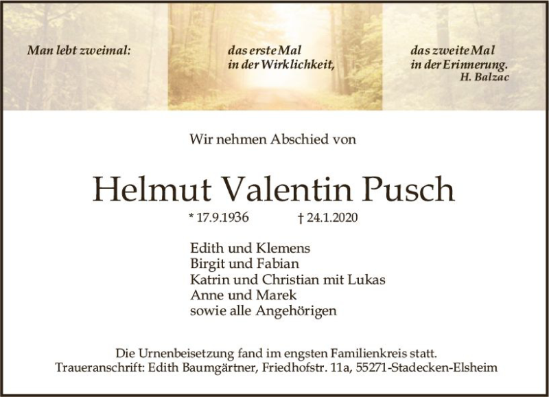  Traueranzeige für Helmut Valentin Pusch vom 06.02.2021 aus vrm-trauer