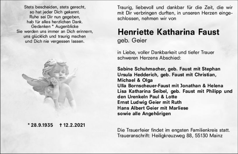  Traueranzeige für Henriette Katharina Faust vom 20.02.2021 aus vrm-trauer