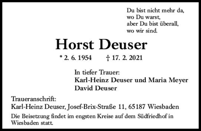  Traueranzeige für Horst Deuser vom 20.02.2021 aus vrm-trauer
