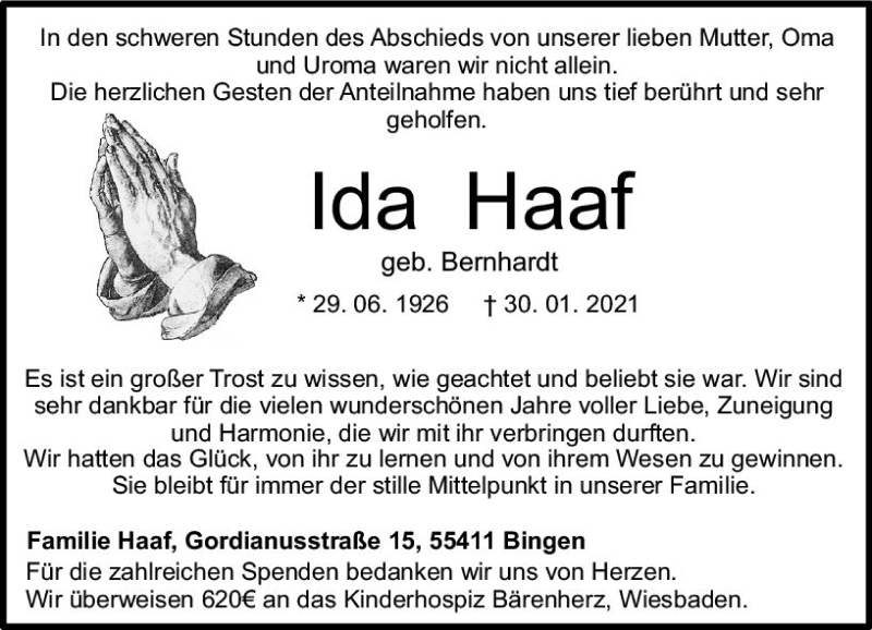  Traueranzeige für Ida Haaf vom 27.02.2021 aus vrm-trauer