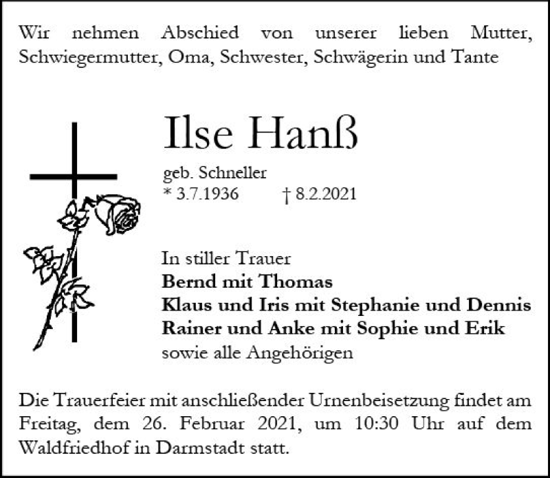  Traueranzeige für Ilse Hanß vom 13.02.2021 aus vrm-trauer
