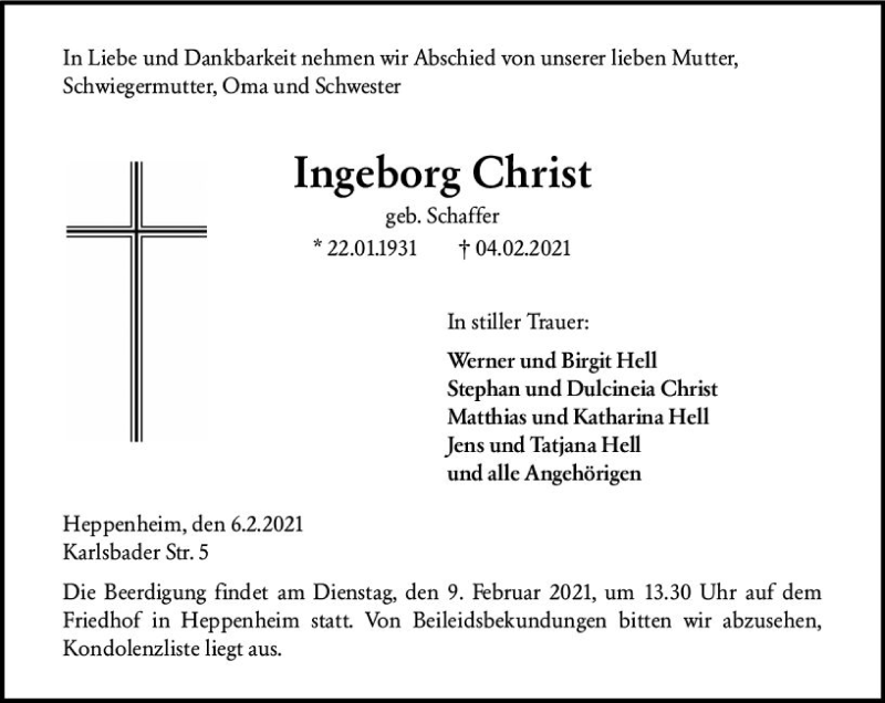  Traueranzeige für Ingeborg Christ vom 06.02.2021 aus vrm-trauer