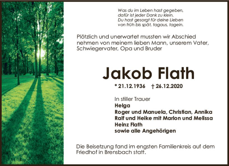  Traueranzeige für Jakob Flath vom 06.02.2021 aus vrm-trauer