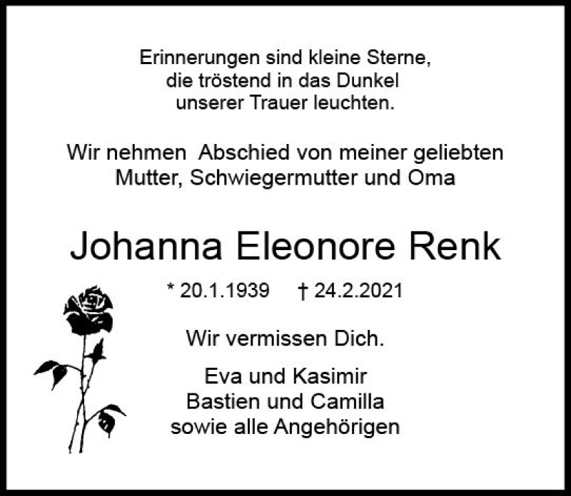  Traueranzeige für Johanna Eleonore Renk vom 27.02.2021 aus vrm-trauer