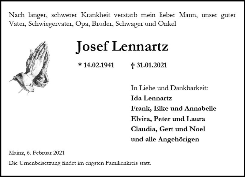  Traueranzeige für Josef Lennartz vom 06.02.2021 aus vrm-trauer