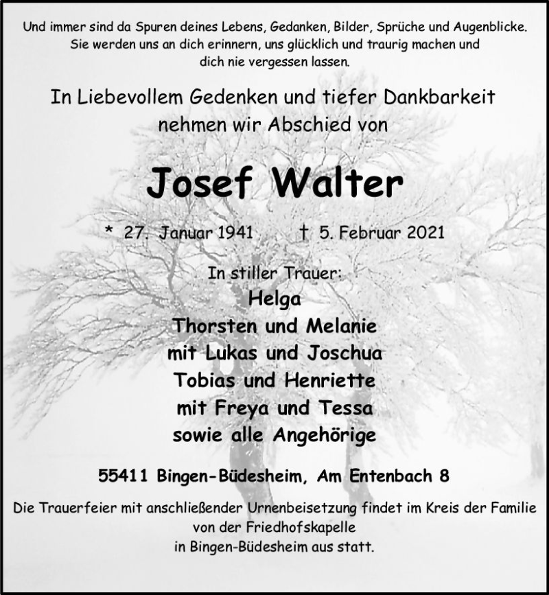  Traueranzeige für Josef Walter vom 13.02.2021 aus vrm-trauer