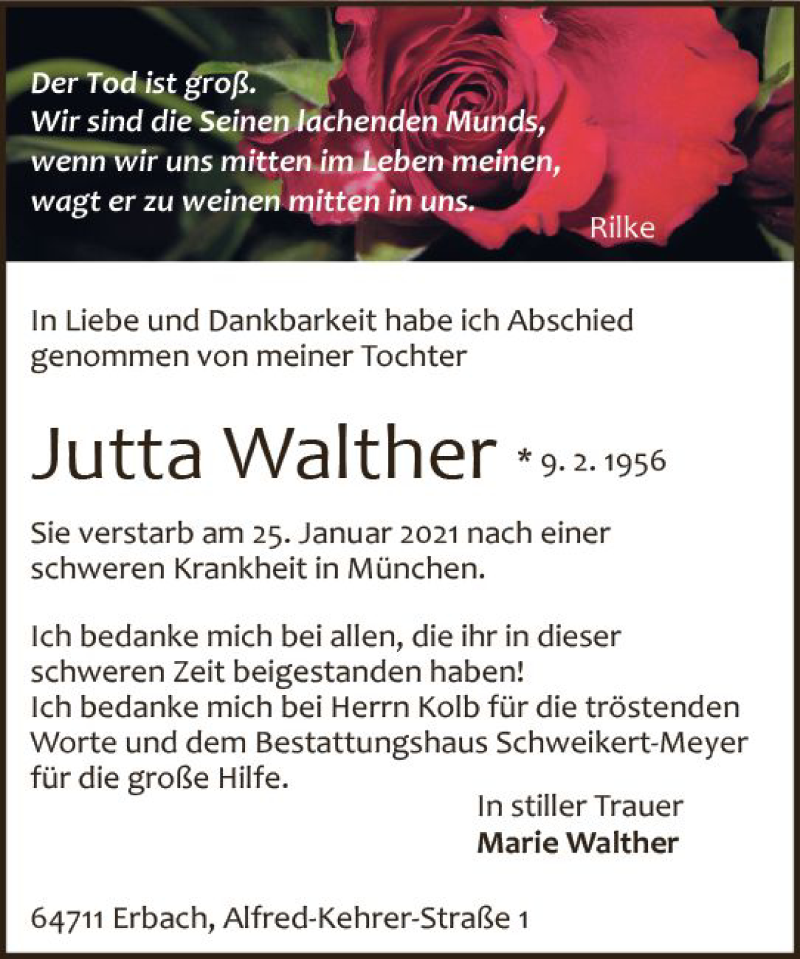  Traueranzeige für Jutta Walther vom 27.02.2021 aus vrm-trauer