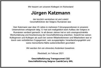 Traueranzeige von Jürgen Katzmann von vrm-trauer