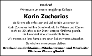 Traueranzeige von Karin Zacharias von vrm-trauer