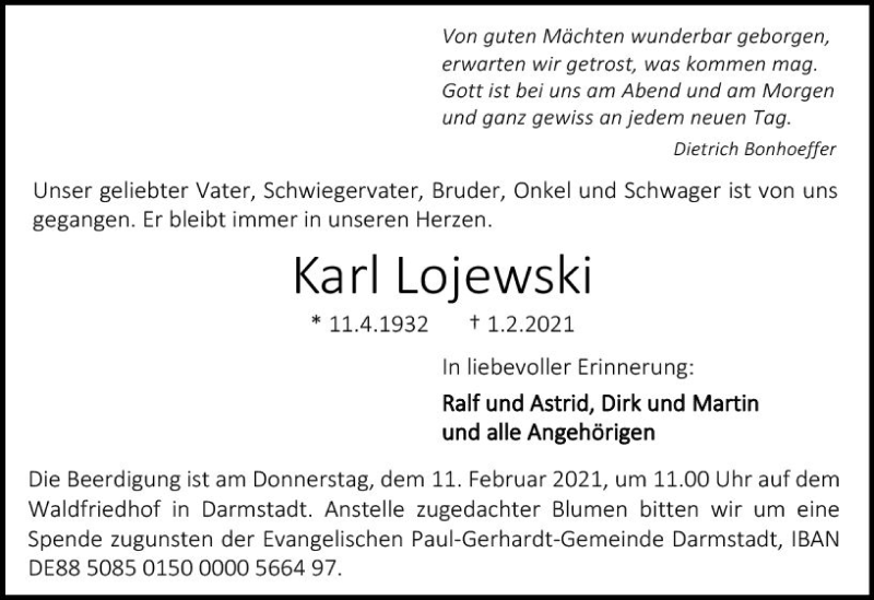  Traueranzeige für Karl Lojewski vom 06.02.2021 aus vrm-trauer