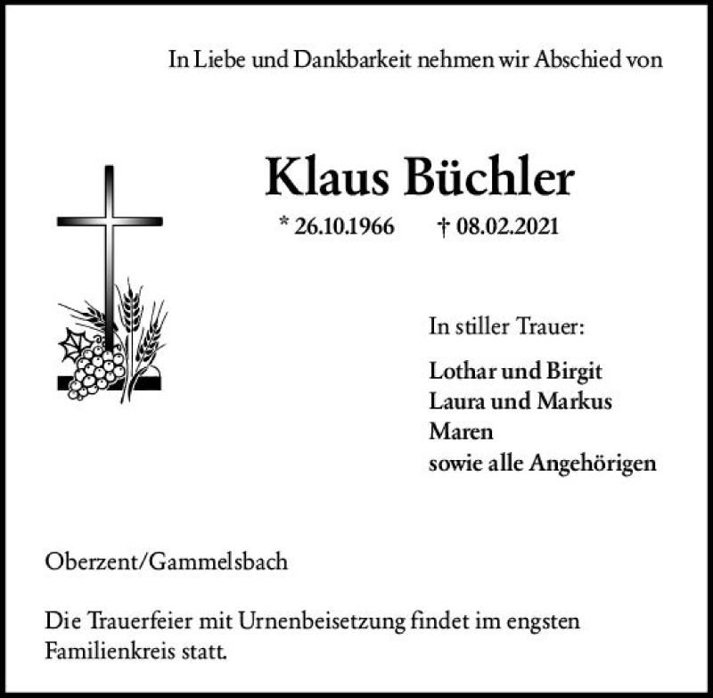  Traueranzeige für Klaus Büchler vom 13.02.2021 aus vrm-trauer