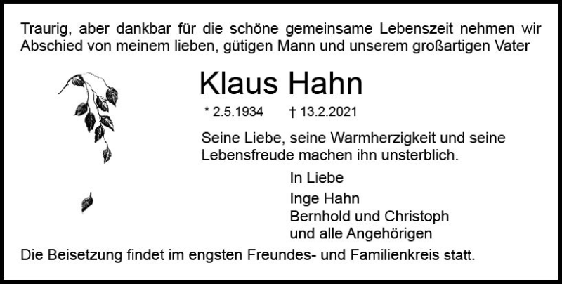  Traueranzeige für Klaus Hahn vom 20.02.2021 aus vrm-trauer
