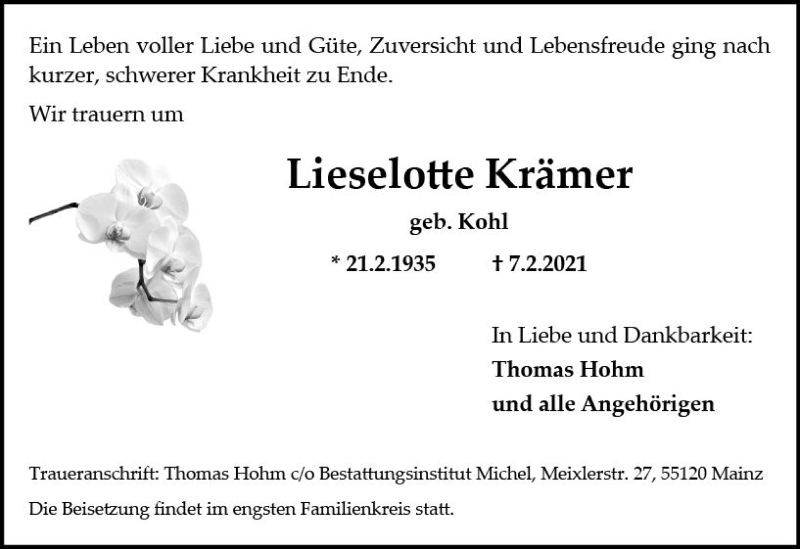  Traueranzeige für Lieselotte Krämer vom 13.02.2021 aus vrm-trauer