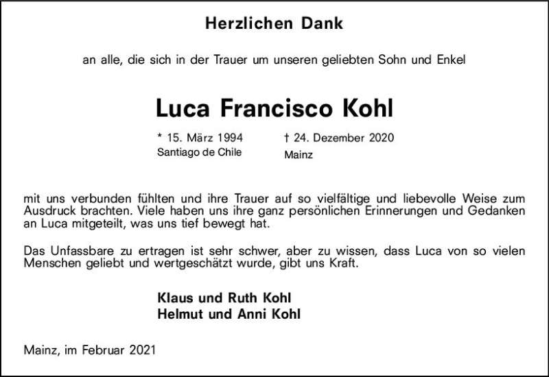  Traueranzeige für Luca Francisco Kohl vom 06.02.2021 aus vrm-trauer