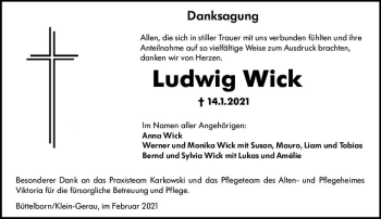 Traueranzeige von Ludwig Wick von vrm-trauer