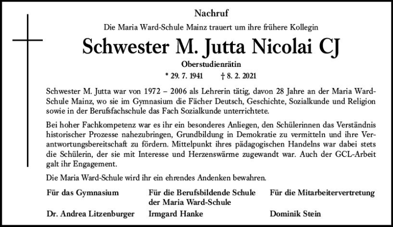  Traueranzeige für M. Jutta Nicolai vom 13.02.2021 aus vrm-trauer