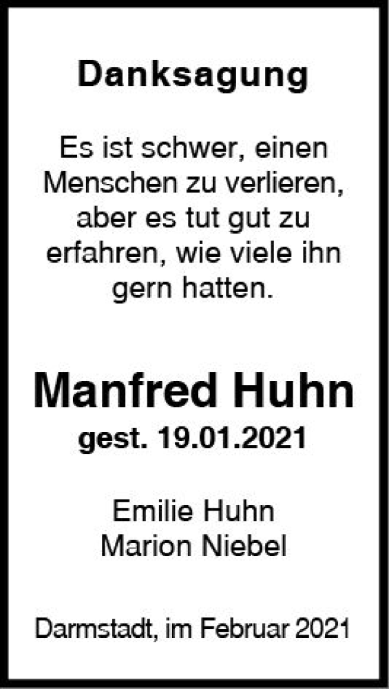 Traueranzeige für Manfred Huhn vom 20.02.2021 aus vrm-trauer