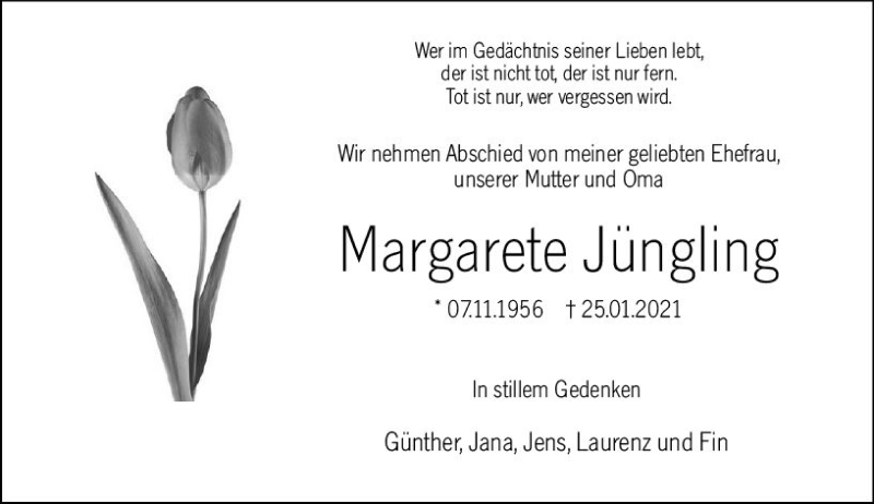  Traueranzeige für Margarete Jüngling vom 05.02.2021 aus vrm-trauer
