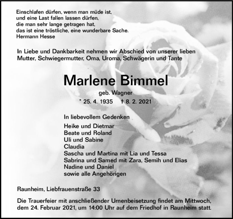  Traueranzeige für Marlene Bimmel vom 13.02.2021 aus vrm-trauer