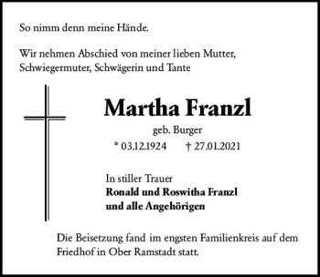 Traueranzeige von Martha Franzl von vrm-trauer