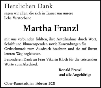 Traueranzeige von Martha Franzl von vrm-trauer