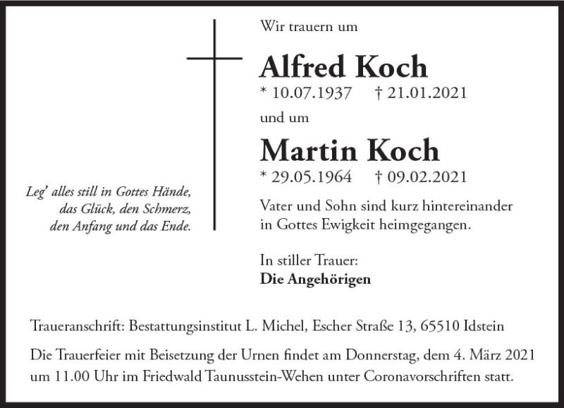  Traueranzeige für Martin Koch vom 27.02.2021 aus vrm-trauer