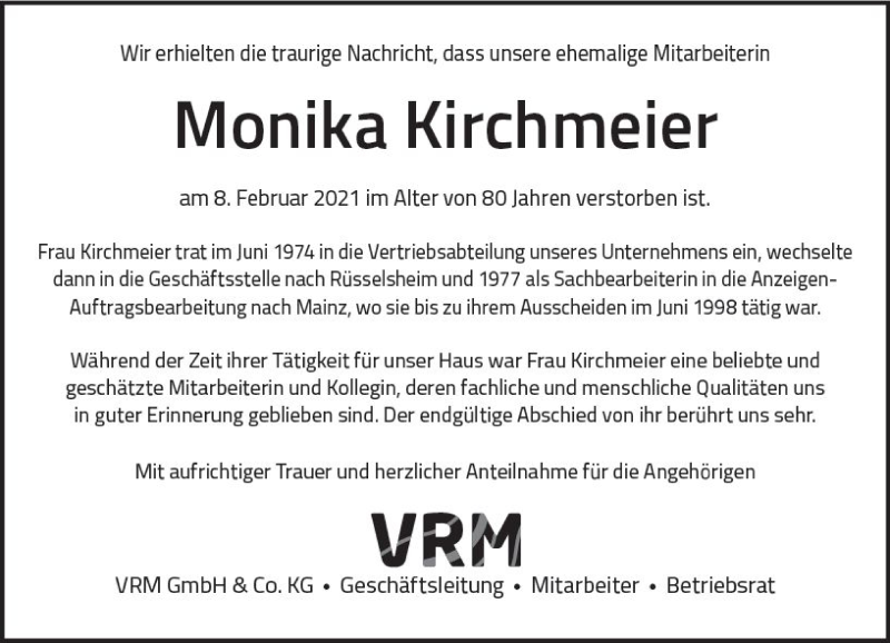  Traueranzeige für Monika Kirchmeier vom 13.02.2021 aus vrm-trauer